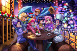 Size: 2000x1333 | Tagged: safe, artist:racoonsan, derpibooru import, angel bunny, applejack, fluttershy, pinkie pie, rainbow dash, rarity, starlight glimmer, twilight sparkle, human, rabbit, anime, applejack's hat, beautiful, belt, big breasts, blurry background, blushing, boots, breasts, cake, chocolate, christmas, christmas lights, christmas tree, clothes, coat, cowboy hat, cupcake, denim, drink, ear piercing, earmuffs, earring, eyelashes, eyeshadow, female, food, happy, hat, high res, holiday, hootershy, horn, horned humanization, hot chocolate, humanized, jacket, jeans, jewelry, log, makeup, mane six, night, open mouth, outdoors, pants, piercing, raritits, santa hat, scarf, shoes, sitting, snow, spread wings, standing, stetson, sweater, sweatershy, tree, turtleneck, ushanka, winged humanization, wings, winter, winter coat