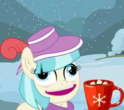 Size: 744x658 | Tagged: safe, artist:cyanlightning, edit, coco pommel, earth pony, pony, beverage, chest fluff, chocolate, clothes, cup, drink, ear fluff, faic, female, food, hat, hot chocolate, hot coco, mare, marshmallow, mug, open mouth, outdoors, pudding face, pun, scarf, snow, snowfall, solo, tree