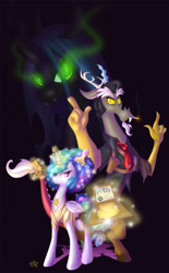 Size: 1100x1777 | Tagged: safe, artist:falleninthedark, discord, princess celestia, queen chrysalis, alicorn, changeling, changeling queen, pony, afro, badge, derringer, frolestia