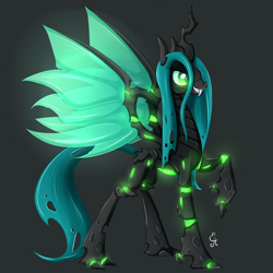 Size: 800x800 | Tagged: dead source, safe, artist:exceru-karina, queen chrysalis, changeling, changeling queen, alternate design, female, glow, raised hoof, simple background, solo