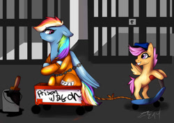 Size: 1024x721 | Tagged: safe, artist:keyace, rainbow dash, scootaloo, pegasus, pony, bound wings, chains, clothes, duo, paint, prison, prison outfit, prisoner, prisoner rd, scooter, wagon