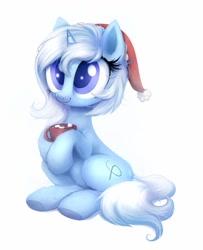 Size: 833x1024 | Tagged: safe, artist:confetticakez, part of a set, oc, oc only, oc:eula phi, pony, unicorn, chocolate, christmas, commission, cute, female, food, hat, holiday, hot chocolate, mare, ocbetes, santa hat, simple background, sitting, solo, white background, ych result