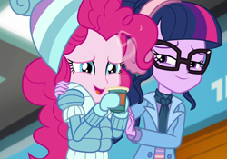 Size: 1542x1080 | Tagged: safe, screencap, pinkie pie, sci-twi, twilight sparkle, better together, equestria girls, holidays unwrapped, chocolate, clothes, cute, diapinkes, duo, duo female, earmuffs, female, food, glasses, hot chocolate, jacket, mittens, scarf, self-storage facility, winter break-in, winter hat, winter jacket, winter outfit