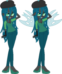 Size: 376x453 | Tagged: safe, artist:flashustarponies, queen chrysalis, equestria girls, beret, clothes, humanized, jeans, solo
