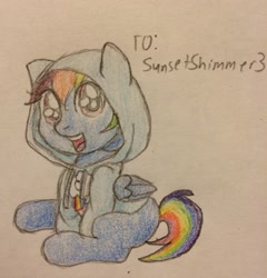 Size: 900x937 | Tagged: safe, artist:fallenangel5414, rainbow dash, pegasus, pony, blank flank, clothes, filly, filly rainbow dash, hoodie, solo, traditional art, younger