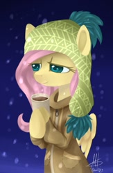 Size: 669x1024 | Tagged: safe, artist:ghst-qn, derpibooru import, fluttershy, pegasus, pony, bipedal, clothes, cup, drink, hat, hot chocolate, jacket, lidded eyes, smiling, snow, snowfall, solo, winter