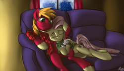 Size: 4200x2400 | Tagged: safe, artist:drizziedoodles, derpibooru import, big macintosh, fluttershy, earth pony, pegasus, pony, clothes, fluttermac, hot chocolate, male, shipping, snuggling, stallion, straight, sweatershy, winter