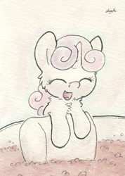 Size: 635x890 | Tagged: safe, artist:slightlyshade, sweetie belle, chocolate, cute, diasweetes, eyes closed, fluffy, food, happy, hot chocolate, leaning, marshmallow, open mouth, smiling, solo, sweetie belle is a marshmallow too, traditional art