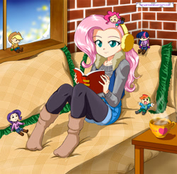 Size: 1299x1280 | Tagged: safe, artist:nancysauria, derpibooru import, applejack, fluttershy, pinkie pie, rainbow dash, rarity, twilight sparkle, human, book, clothes, earmuffs, hot chocolate, humanized, light skin, mane six, missing shoes, reading, shorts, socks, sweater, sweatershy, tights, vest