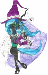 Size: 1024x1602 | Tagged: safe, artist:goremistress, queen chrysalis, changeling, changeling queen, spider, clothes, hat, nightmare night, smiling, solo, spider web, traditional art, witch, witch hat