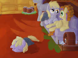 Size: 800x600 | Tagged: safe, artist:a6p, carrot top, derpy hooves, dinky hooves, golden harvest, written script, pegasus, pony, ask dinky doo, blanket, female, goldenscript, hair curlers, hot chocolate, mare, mucus, radio, sick, sleeping, snot