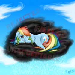 Size: 800x800 | Tagged: safe, artist:the1xeno1, rainbow dash, pegasus, pony, cloud, cloudy, crying, despair, disembodied thoughts, frown, rain, rejection, sad, solo