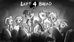 Size: 1366x768 | Tagged: safe, artist:fongsaunder, derpibooru import, applejack, fluttershy, pinkie pie, rainbow dash, rarity, twilight sparkle, earth pony, pegasus, pony, unicorn, bread, left 4 dead, mane six, monochrome, parody