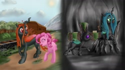 Size: 1191x670 | Tagged: safe, artist:taggerung, pinkie pie, queen chrysalis, oc, changeling, changeling queen, earth pony, pony, red changeling