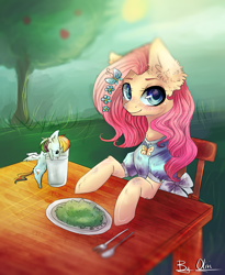 Size: 1916x2340 | Tagged: safe, artist:olivineal, fluttershy, rainbow dash, pegasus, pony, alfalfa, chair, clothes, dress, ear fluff, flower in hair, food, sitting, smiling, tiny ponies