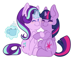 Size: 1500x1200 | Tagged: safe, artist:mimimoo123456789, artist:miss-arts-and-crafts, starlight glimmer, twilight sparkle, twilight sparkle (alicorn), alicorn, pony, unicorn, blushing, chocolate, cuddling, cup, cute, eyes closed, female, food, glimmerbetes, glowing horn, hot chocolate, lesbian, levitation, magic, nuzzling, one eye closed, shipping, simple background, smiling, telekinesis, transparent background, twiabetes, twistarlight