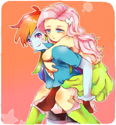 Size: 561x604 | Tagged: safe, artist:chi-hayu, fluttershy, rainbow dash, equestria girls, cute, female, flutterdash, lesbian, piggyback ride, shipping