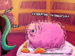 Size: 1920x1440 | Tagged: safe, artist:lumineko, queen chrysalis, oc, oc:fluffle puff, changeling, changeling queen, :p, :t, blushing, bugbutt, butt, butt shake, canon x oc, chrysipuff, eyes on the prize, female, lesbian, meme, pixiv, plot, shipping, shivering, taco, tongue out, vibrating, x intensifies