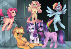 Size: 900x614 | Tagged: safe, artist:pekou, derpibooru import, applejack, fluttershy, pinkie pie, rainbow dash, rarity, twilight sparkle, earth pony, pegasus, pony, unicorn, mane six