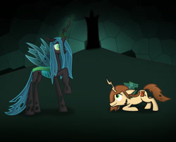 Size: 1288x1033 | Tagged: safe, artist:theirishhusky, queen chrysalis, oc, oc:poisoned soul, changeling, changeling queen, changelingified, chrysalislover