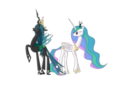 Size: 3507x2480 | Tagged: safe, artist:plainoasis, princess celestia, queen chrysalis, alicorn, changeling, changeling queen, pony, accessory swap, female, horn