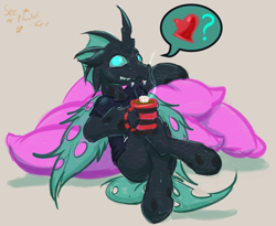 Size: 1952x1600 | Tagged: safe, artist:frist44, oc, oc:chelicera, changeling, pony, changeling oc, chocolate, crossed legs, food, freddy krueger, green changeling, hoof hold, hot chocolate, male, marshmallow, pictogram, pillow, pillowfort, solo