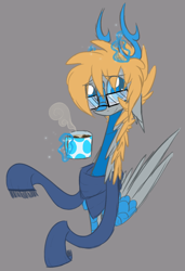 Size: 842x1234 | Tagged: safe, artist:australian-senior, kirin, alternate universe, antlers, blue eyes, bust, clothes, colored sclera, food, glasses, gray background, hot chocolate, kirindos, magic, mug, ponified, portal (valve), portal 2, scarf, simple background, wheatley