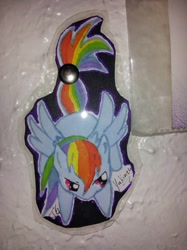 Size: 500x667 | Tagged: safe, artist:yukinzu, rainbow dash, pegasus, pony, colored, solo, tail pull, traditional art