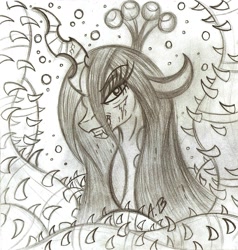 Size: 1560x1636 | Tagged: safe, artist:rossmaniteanzu, queen chrysalis, changeling, changeling queen, grin, solo, traditional art