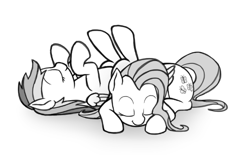 Size: 602x374 | Tagged: safe, artist:roxenmage, fluttershy, rainbow dash, pegasus, pony, duo, monochrome, on back, prone, sleeping, smiling