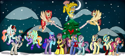 Size: 8278x3720 | Tagged: safe, artist:appleneedle, oc, oc:aerial agriculture, oc:earthing elements, oc:heartstrong flare, oc:king calm merriment, oc:king righteous authority, oc:king speedy hooves, oc:princess healing glory, oc:princess mythic majestic, oc:princess sincere scholar, oc:princess young heart, oc:queen fresh care, oc:queen galaxia, oc:queen motherly morning, oc:tommy the human, alicorn, pony, alicorn oc, alicorn princess, alicornified, aunt and nephew, aunt and niece, beanie, bowtie, candy, candy cane, chocolate, christmas cookies, christmas star, clothes, collar, commission, commissioner:bigonionbean, cookie, cowboy hat, crescent moon, cupcake, father and child, father and daughter, father and son, female, food, fusion, fusion: princess healing glory, fusion:aerial agriculture, fusion:earthing elements, fusion:heartstrong flare, fusion:king calm merriment, fusion:king righteous authority, fusion:king speedy hooves, fusion:princess mythic majestic, fusion:princess sincere scholar, fusion:princess young heart, fusion:queen fresh care, fusion:queen galaxia, fusion:queen motherly morning, grandfather and granddaughter, grandfather and grandson, grandmother and granddaughter, grandmother and grandson, grandparents, hat, hearth's warming, hearth's warming eve, hot chocolate, husband and wife, magic, male, moon, mother and child, mother and daughter, mother and son, mountain, night, ornaments, parent and child, race swap, scarf, socks, sweater, ugly sweater, uncle and nephew, uncle and niece, writer:bigonionbean