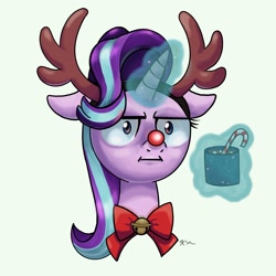 Size: 2048x2048 | Tagged: safe, artist:catscratchpaper, starlight glimmer, pony, unicorn, :i, antlers, candy, candy cane, chocolate, christmas, floppy ears, food, holiday, hot chocolate, i mean i see, jingle bells, red nose, simple background, solo