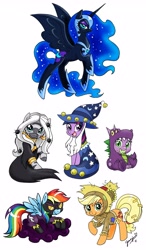 Size: 2393x4103 | Tagged: safe, artist:chibi-jen-hen, derpibooru import, applejack, nightmare moon, rainbow dash, spike, twilight sparkle, zecora, dragon, earth pony, pegasus, pony, zebra, clothes, costume, nightmare night, nightmare night costume