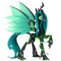 Size: 2000x2000 | Tagged: safe, artist:exceru-karina, queen chrysalis, changeling, changeling queen, alternate design, fangs, grin, raised hoof, simple background, solo, transparent background