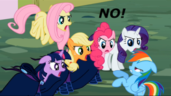 Size: 958x541 | Tagged: safe, derpibooru import, edit, edited screencap, screencap, applejack, fluttershy, mare do well, pinkie pie, rainbow dash, rarity, twilight sparkle, earth pony, pegasus, pony, unicorn, the mysterious mare do well, betrayal, betrayed, hypoicrisy, image macro, mane six, mare do well costume, no