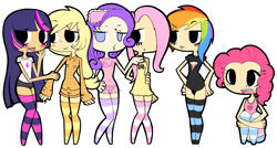 Size: 1330x712 | Tagged: safe, artist:black-jenny, derpibooru import, applejack, fluttershy, pinkie pie, rainbow dash, rarity, twilight sparkle, belly button, blushing, bra, clothes, cutie mark, heart, humanized, line-up, mane six, nightgown, pajamas, panties, see-through, simple background, socks, striped socks, transparent background, underwear, zettai ryouiki