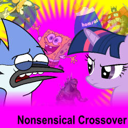 Size: 250x250 | Tagged: safe, artist:cartuneslover16, artist:ze, derpibooru import, twilight sparkle, kaiju, bad fanfic, crossover, derpibooru, godzilla, godzilla (series), homestar runner, homsar, joke, mass crossover, meta, mordecai, nonsensical crossover, optimus prime, regular show, sonic the hedgehog, sonic the hedgehog (series), spoilered image joke, spongebob squarepants, transformers