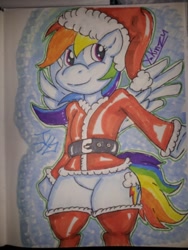 Size: 336x448 | Tagged: safe, artist:yukinzu, rainbow dash, pegasus, pony, christmas, clothes, holiday, santa costume, solo, traditional art