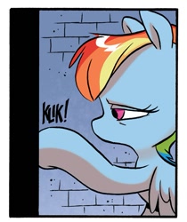 Size: 749x891 | Tagged: safe, artist:jay fosgitt, idw, rainbow dash, pegasus, pony, spoiler:comic, spoiler:comicff11, door, frown, no mouth, sad, sadness