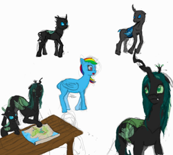 Size: 908x814 | Tagged: safe, artist:ponescribbles, queen chrysalis, rainbow dash, changeling, changeling queen, pegasus, pony, sketch dump