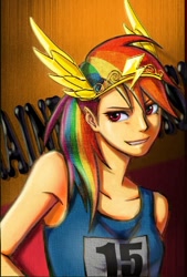 Size: 720x1068 | Tagged: safe, artist:scynema, rainbow dash, human, humanized, pixiv, solo, winged hat