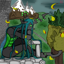 Size: 4096x4096 | Tagged: safe, artist:briarspark, queen chrysalis, changeling, changeling queen, semi-anthro, unguligrade anthro, absurd resolution, castle, solo