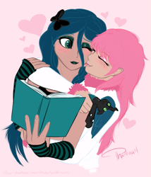 Size: 1203x1403 | Tagged: safe, artist:phathusa, queen chrysalis, oc, oc:fluffle puff, human, arm warmers, blushing, book, canon x oc, chrysipuff, eyeshadow, female, heart, humanized, lesbian, licking, lipstick, shipping