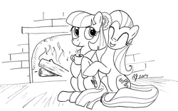 Size: 2649x1648 | Tagged: safe, artist:arrjaysketch, derpibooru import, coco pommel, fluttershy, earth pony, pegasus, pony, female, fireplace, hot chocolate, hug, monochrome, sitting