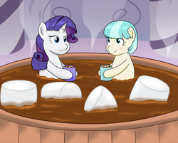 Size: 1024x824 | Tagged: safe, artist:phallen1, derpibooru import, coco pommel, rarity, pony, unicorn, bad joke, bath, female, hot chocolate, lesbian, marshmallow, marshmallow coco, missing accessory, obvious joke, pun, rarity is a marshmallow, shipping, spa