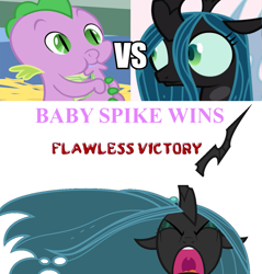 Size: 933x974 | Tagged: safe, queen chrysalis, spike, changeling, changeling queen, dragon, baby spike, broken horn, fatality, flawless victory, tail sucking, tumblr:ask fluffle puff, vs, wat