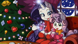 Size: 2400x1350 | Tagged: safe, artist:latecustomer, derpibooru import, rarity, sweetie belle, pony, unicorn, christmas tree, clothes, cookie, cute, diasweetes, hot chocolate, magic, raribetes, scarf, sisters, snow, snowfall, socks, sofa, striped socks, tongue out, tree, wallpaper, winter