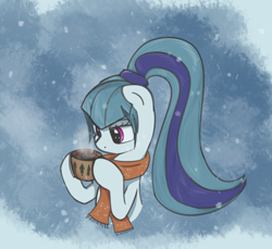 Size: 1094x1000 | Tagged: safe, artist:scootiebloom, sonata dusk, clothes, hot chocolate, ponified, scarf, solo