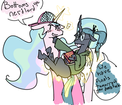 Size: 2740x2365 | Tagged: safe, artist:nobody, princess celestia, queen chrysalis, alicorn, changeling, changeling queen, pony, alcohol, alternate hairstyle, blushing, brolestia, clothes, dialogue, dork, dorkalis, drunk, glasses, hat, insult, levitation, magic, nerd, vulgar