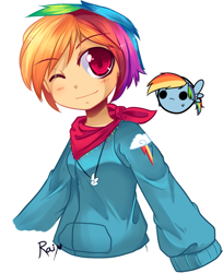 Size: 848x1038 | Tagged: safe, artist:pekou, rainbow dash, human, bandana, chubbie, humanized, solo